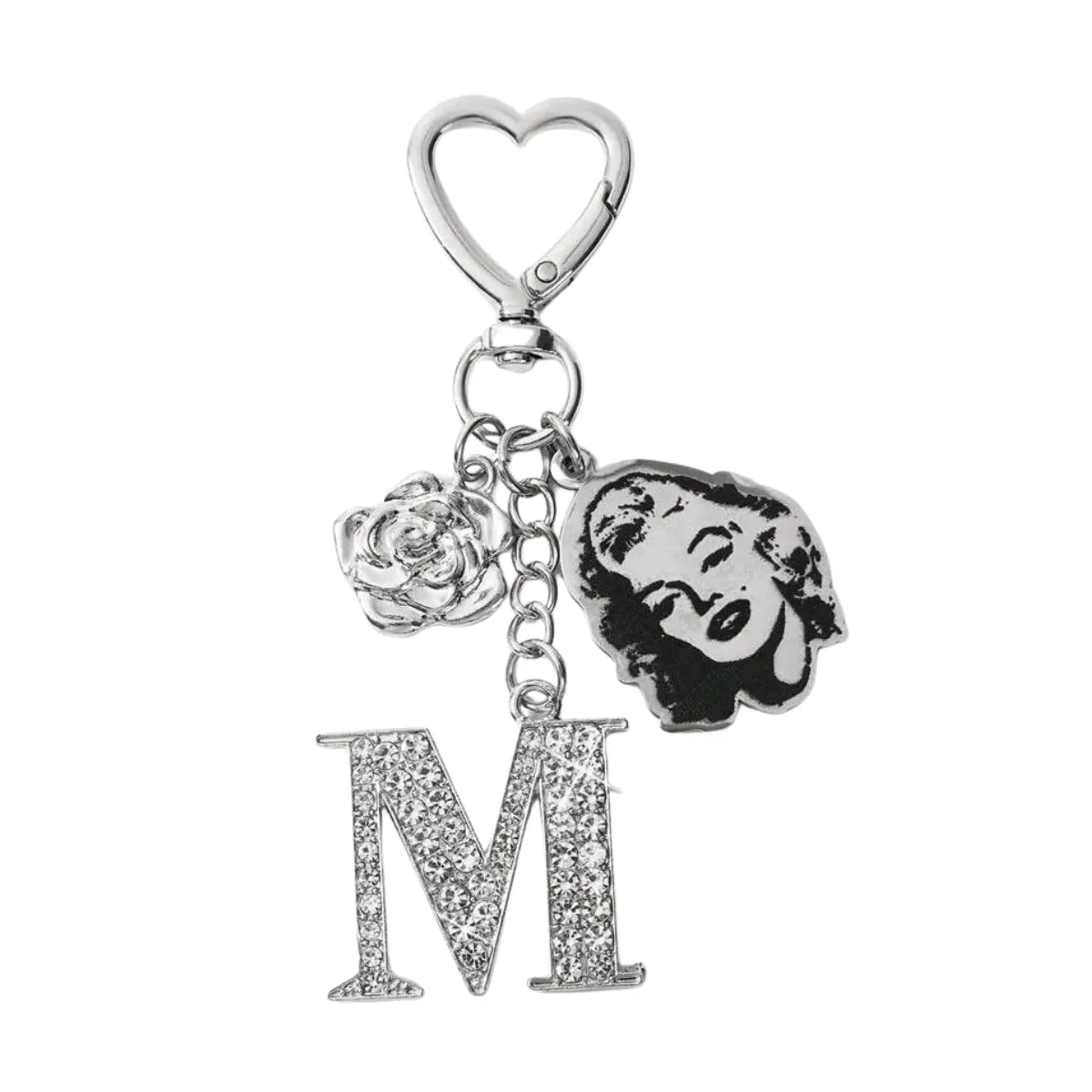 Chaveiro Marilyn Monroe Metal Letra M Strass Rosa Prateado