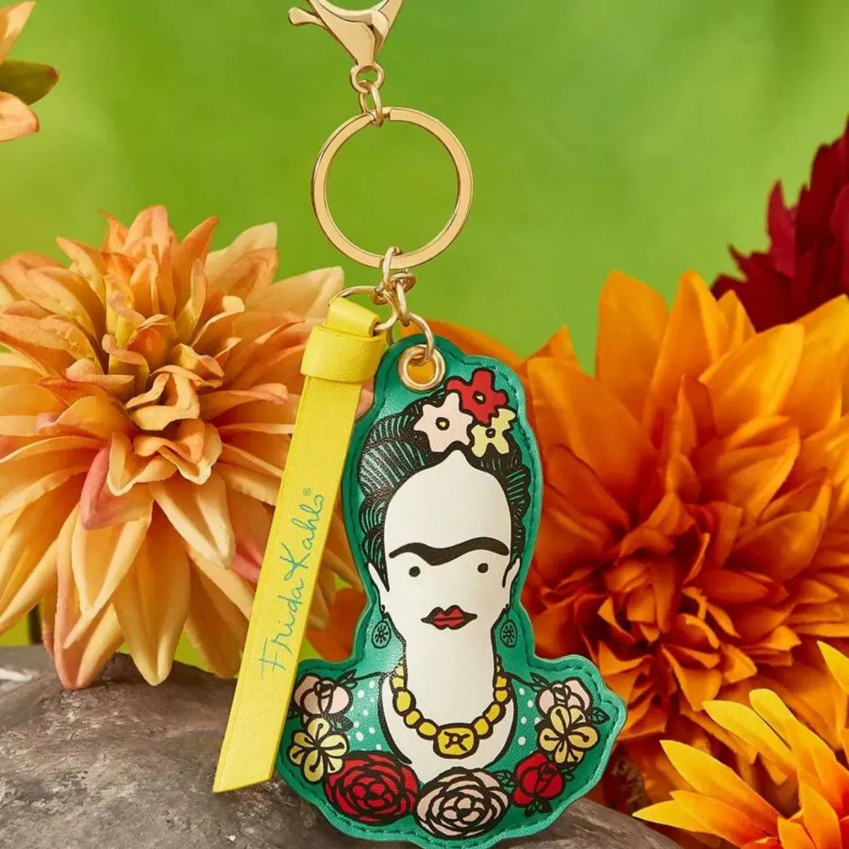 Chaveiro Frida Kahlo Floral Verde Dourado