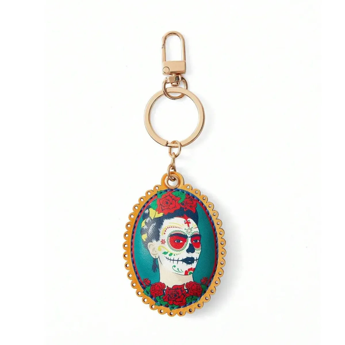 Chaveiro Frida Kahlo Dia dos Mortos Caveira Floral Metal Dourado