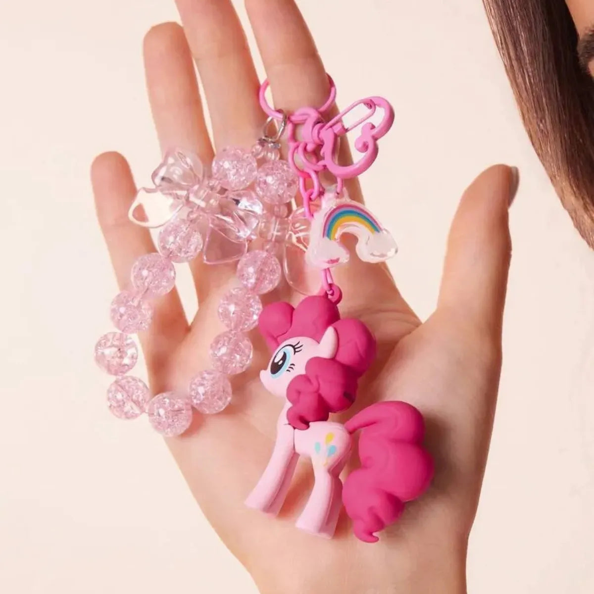 Chaveiro My Little Pony Pinkie Pie 3D Rosa Contas Arco-Íris