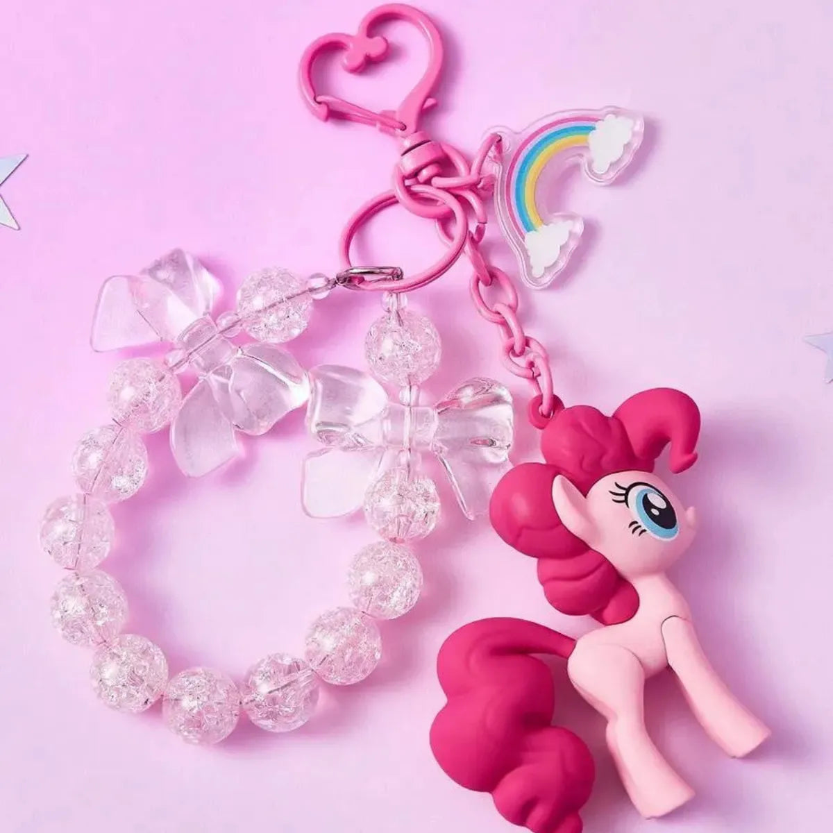 Chaveiro My Little Pony Pinkie Pie 3D Rosa Contas Arco-Íris