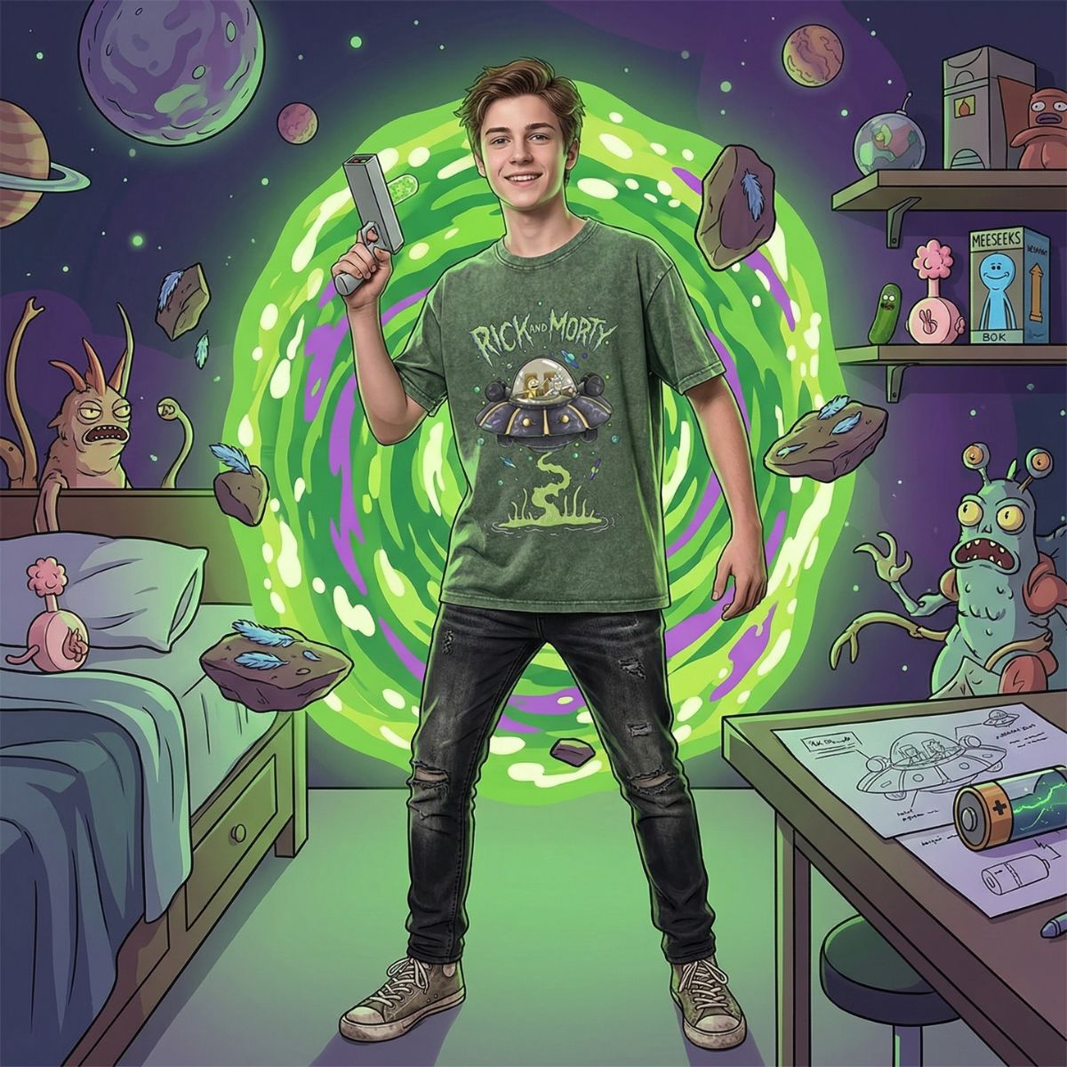 Camiseta Rick e Morty Verde Marmorizado 160g
