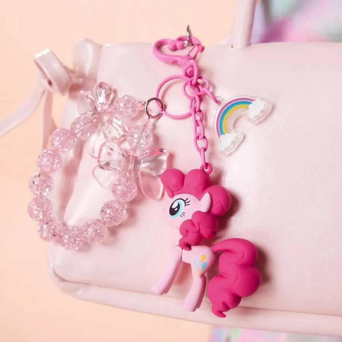 Chaveiro My Little Pony Pinkie Pie 3D Rosa Contas Arco-Íris