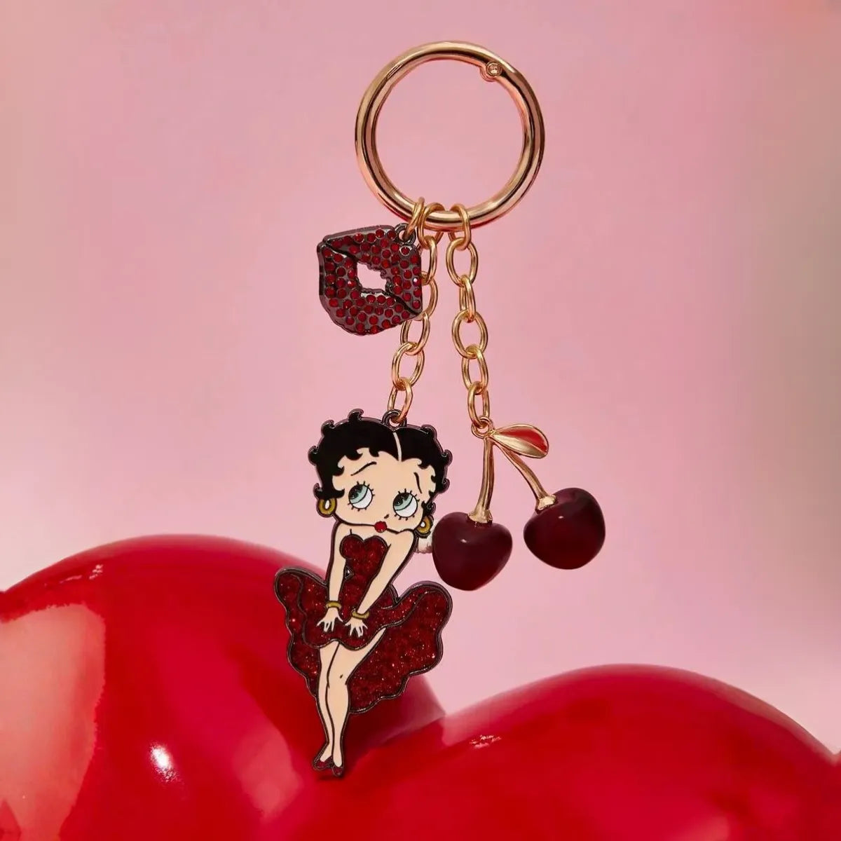 Chaveiro Betty Boop Cereja Strass Vermelho Metal Pingente