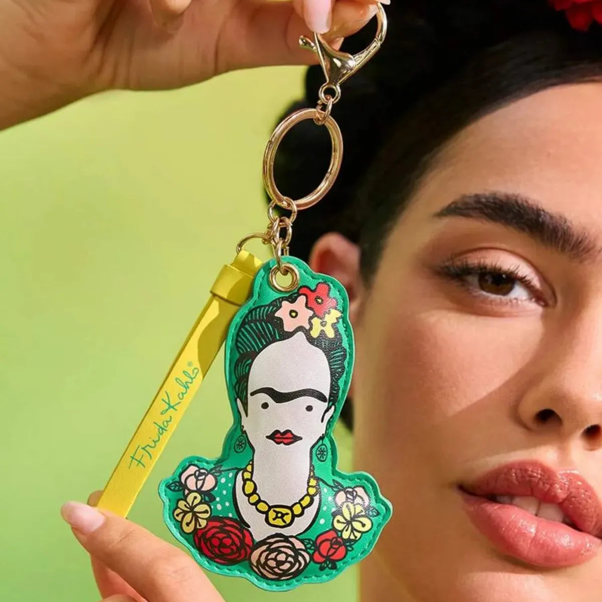 Chaveiro Frida Kahlo Floral Verde Dourado